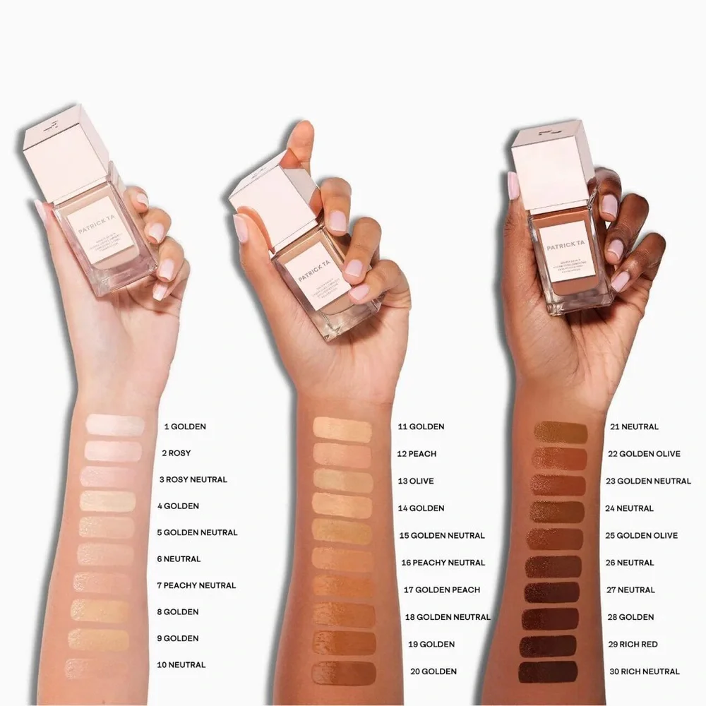Patrick Ta Hydra Luxe Luminous Skin Perfecting Foundation in Golden Neutral.